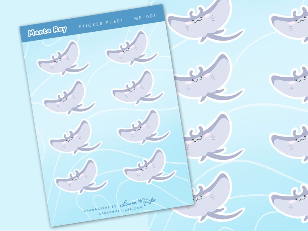 image of manta ray sticker sheet in cute kawaii style illustration