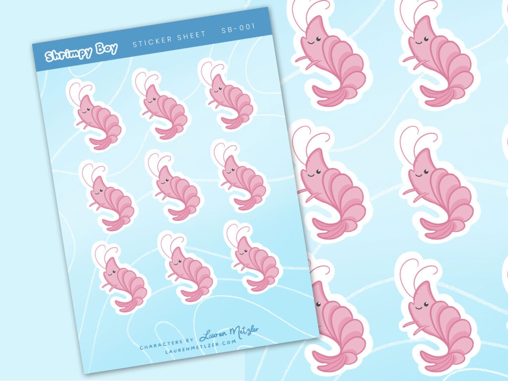 image of shrimp sticker sheet in cute kawaii style illustration