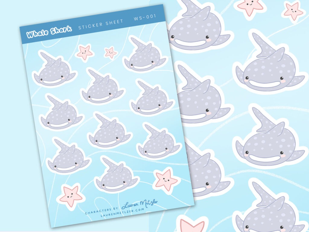 image of whale shark sticker sheet in cute kawaii style illustration